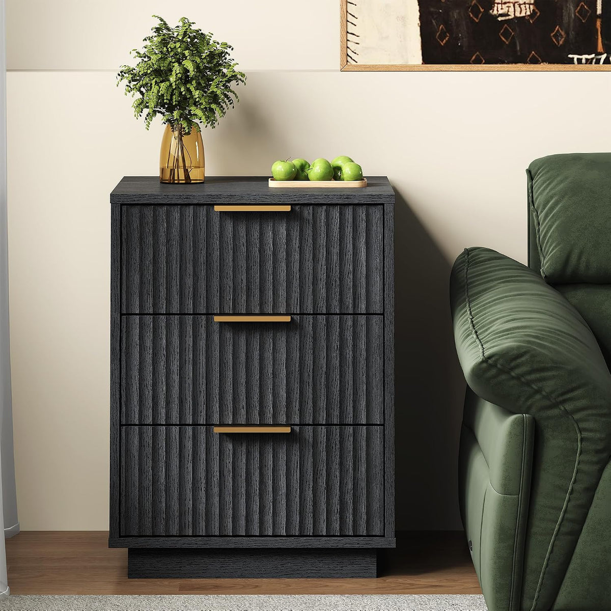 RoyalCraft Black Fluted Nightstand Set of 2, Modern Bedside Table with 3 Large Storage Drawers, Wood End Table with Metal Handle for Bedroom, Black