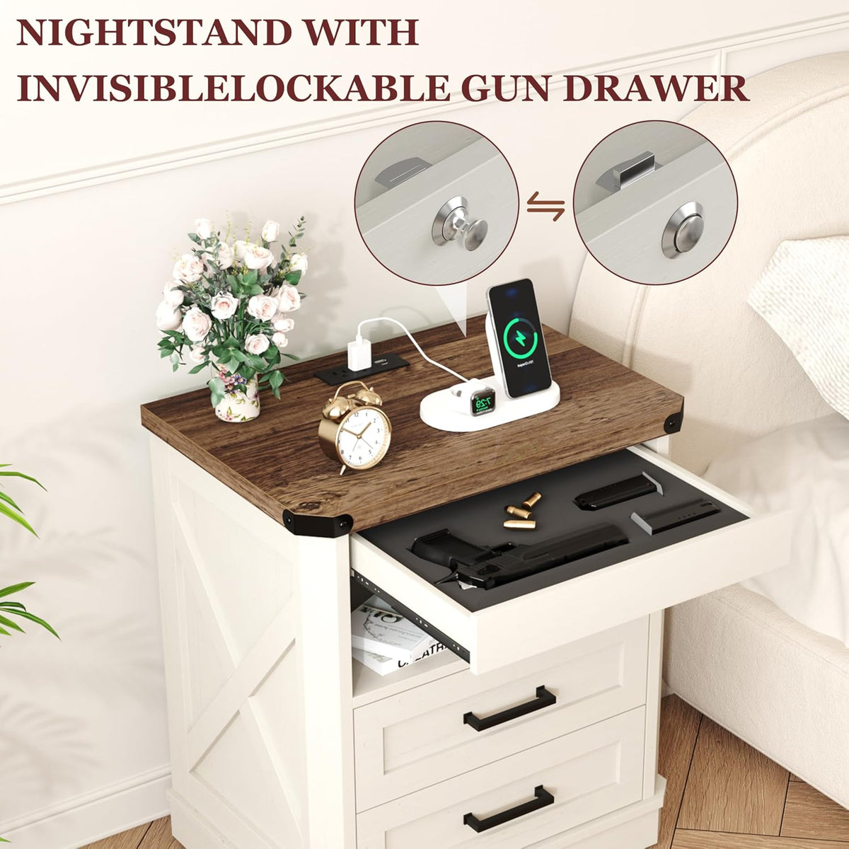 Yusong Farmhouse Night Stand with Gun Drawer & Invisible Lock, Rustic Wooden Night Stand with Charging Station, Beside Table with Drawers and Open Storage, End Tables for Bedroom, (White 004)