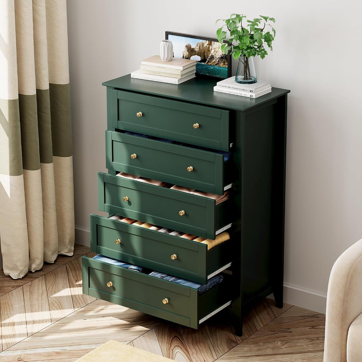 Garvee 5 Drawer Dresser for Bedroom, Modern Tall Chest of Drawers with Metal Knobs, Wooden Clothes Storage Organizer for Closet, Nursery, Living Room, Apartment, Green