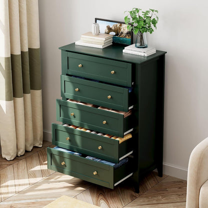 Garvee 5 Drawer Dresser for Bedroom, Modern Tall Chest of Drawers with Metal Knobs, Wooden Clothes Storage Organizer for Closet, Nursery, Living Room, Apartment, Green