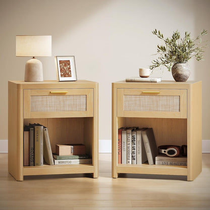 VASAGLE Set of 2 Boho Nightstands with Rattan-Look Drawer