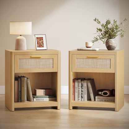 VASAGLE Set of 2 Boho Nightstands with Rattan-Look Drawer