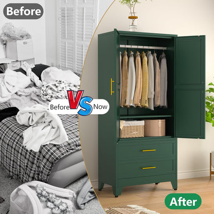 71" Metal Armoire Wardrobe Closet, Tall Clothing Storage Cabinet, Green
