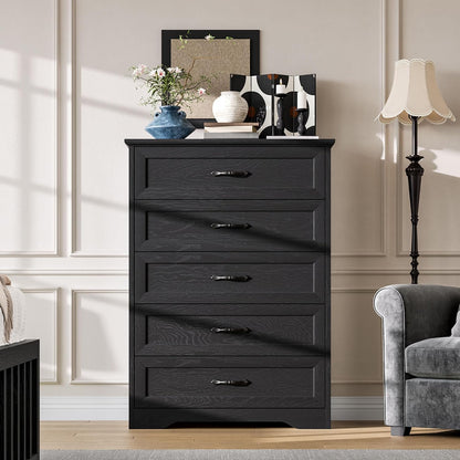 Garvee Farmhouse Wood 43.9" Tall 5 Drawer Dresser for Bedroom, Black