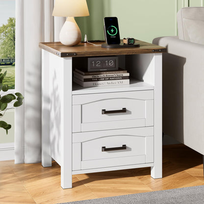 Decofy Farmhouse Nightstand Set of 2 with Charging Station, 2 Drawers