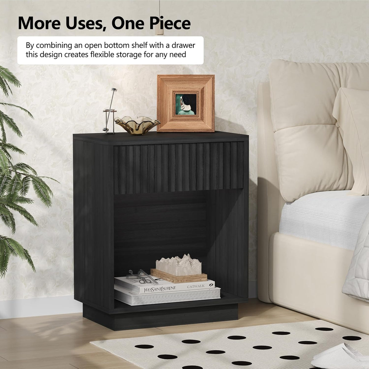 Fluted Nightstands Set of 2, Mid Century Bedside End Side Table