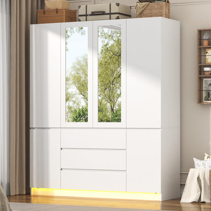 75"H Tall Modern 3 Doors Wooden Armoire Wardrobe Closet with 3 Drawers & 2 Mirror,Clothing Storage Cabinet with Hanging Rod,Bedroom Large Freestanding Armoires with Led Lights for Bedroom,White
