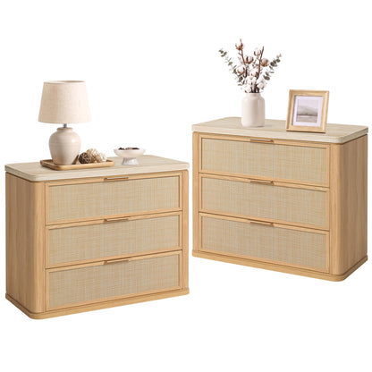Night Stand Set 2, Rattan Nightstand with 2 Drawers