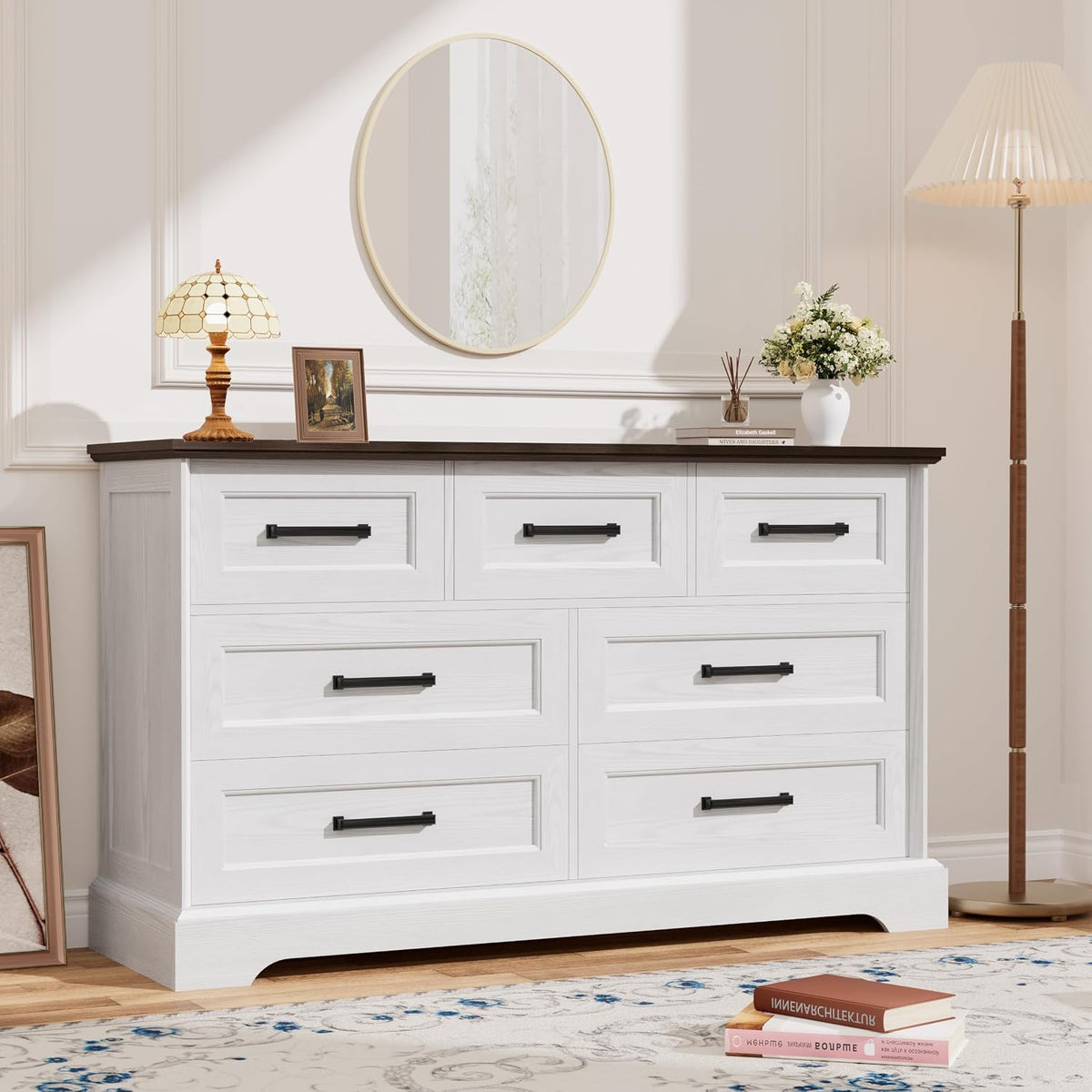 YESHOMY Dresser for Bedroom, Farmhouse 7 Drawers Dressers, White and Brown