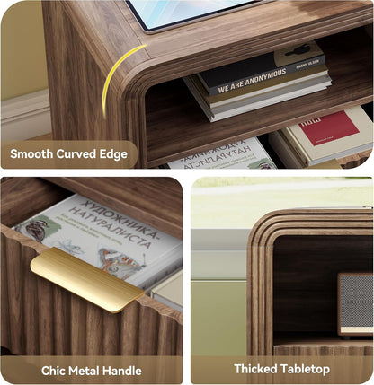 Decofy Fluted Nightstand Set of 2 with Charging Station, 2 Drawers, Walnut
