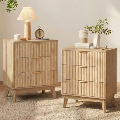 LYNCOHOME Fluted Nightstand with Charging Station, 19.7 inch Wide End Table with 2 Drawers, Modern Wood Bedside Table for Bedroom,Brown,1 Pcs
