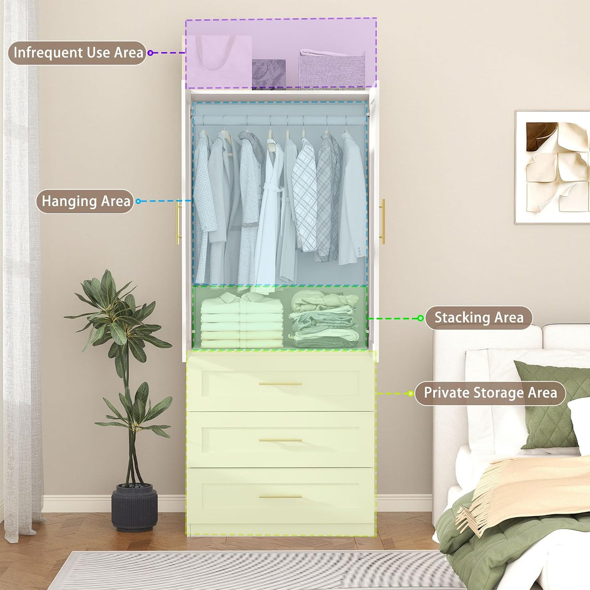 White Armoire Wardrobe Closet with 6 Drawers, 75" Tall x 63" Wide