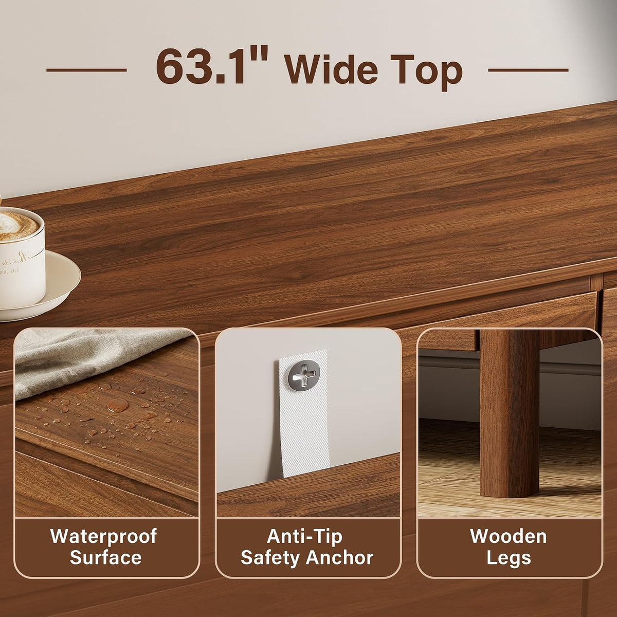 Furniway 63" Wide 9 Drawer Wood Dresser for Bedroom with Legs, Walnut