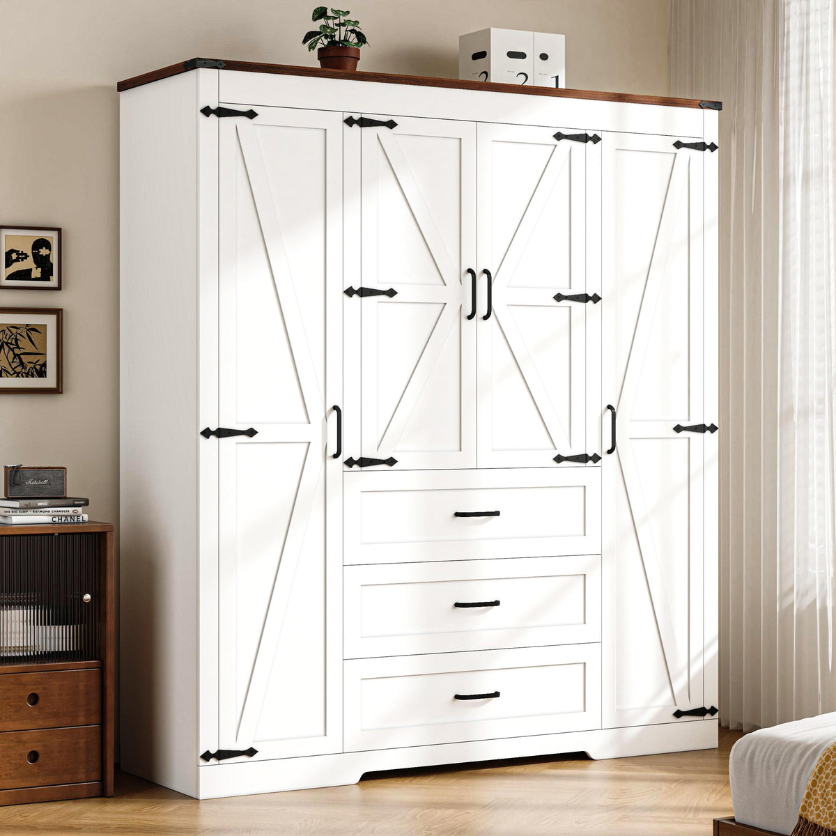 3 Door Armoire Wardrobe Closet Cabinet with 3 Drawers and Drawers, Farmhouse Bedroom Armoire with Hanging Rod and Adjustable Shelves, Large Capacity Storage Wardrobe Armoire for Bedroom, Brown
