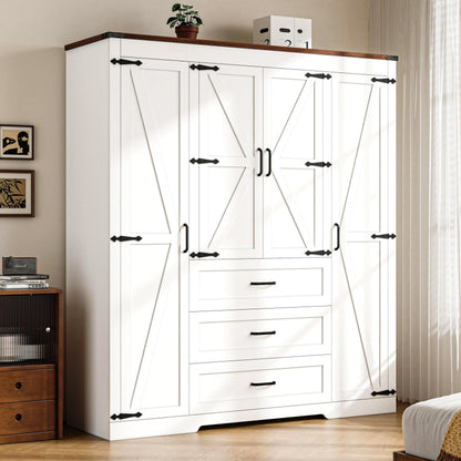 3 Door Armoire Wardrobe Closet Cabinet with 3 Drawers and Drawers, Farmhouse Bedroom Armoire with Hanging Rod and Adjustable Shelves, Large Capacity Storage Wardrobe Armoire for Bedroom, Brown