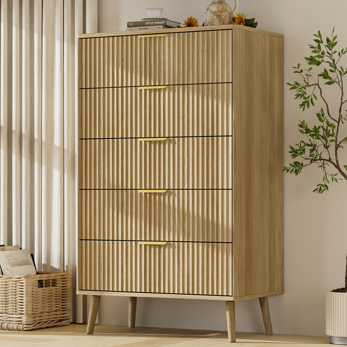 LYNSOM 55" Wide Fluted Dresser for Bedroom with 6 Drawer, Modern Chest of Drawers with Curved Profile Design and Metal Handles, Wood Dresser TV Stand & Storage Organizer for Living Room, Walnut