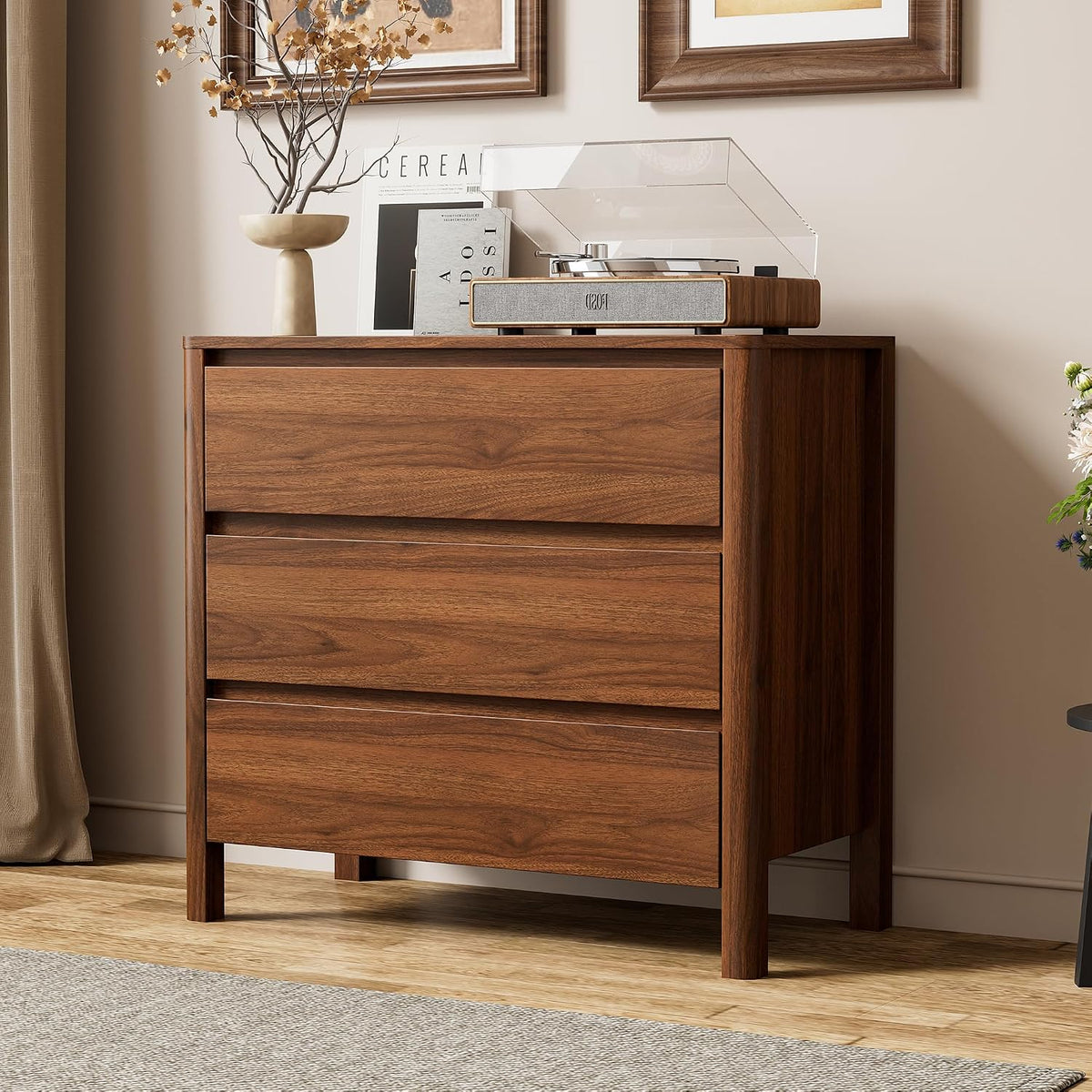 Furniway 31.5" Wide 3 Drawer Wood Dresser for Bedroom with Legs, Walnut