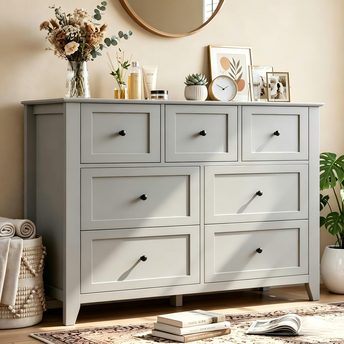 Garvee Grey 7-Drawer Dresser for Bedroom, 54" Entryway Storage Organizer