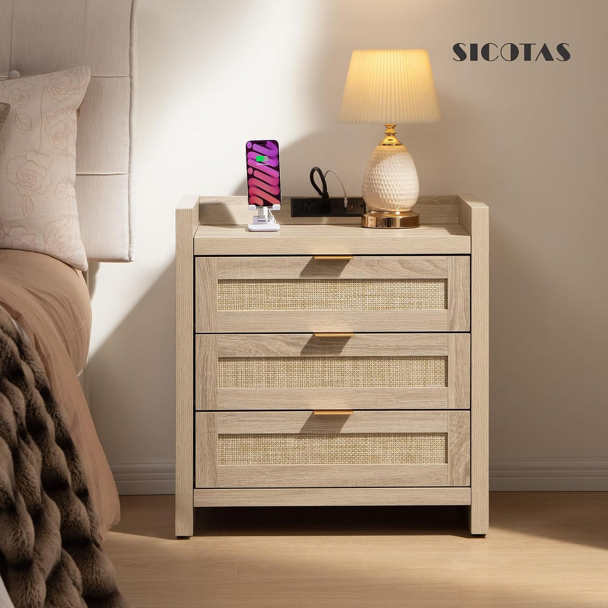 SICOTAS Rattan Nightstands Set of 2, Tall Bedside Table with 3 Drawers