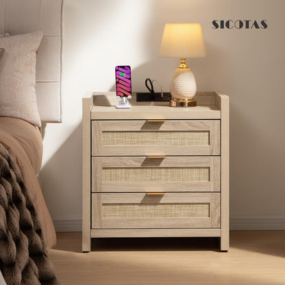SICOTAS Rattan Nightstands Set of 2, Tall Bedside Table with 3 Drawers