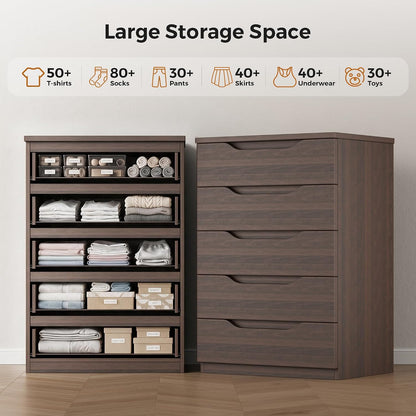 Jocoevol Brown 5 Drawer Dresser for Bedroom, Modern Tall Chest of Drawers