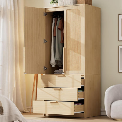 IDEALHOUSE 70" Wardrobe Armoire Wooden Closet with 2 Doors and 3 Drawers, Bedroom Armoire with Hanging Rod Shelf, Large Capacity Storage Wardrobe Armoire, Wooden Storage Cabinet, Art Deco, Natural