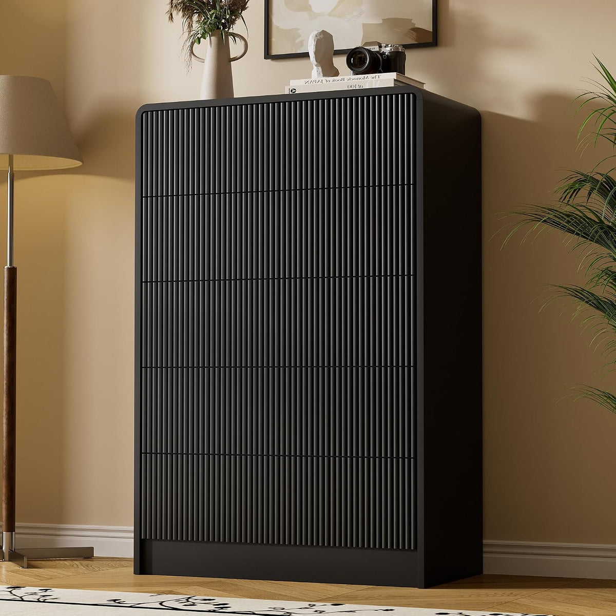 Furniway Black 5 Drawer Dresser for Bedroom, Curved Tall Dresser with Push-to-Open Design, Chest of Drawers for Bedroom, Living Room, Hallway, 15.7”D x 32”W x 47.2”H