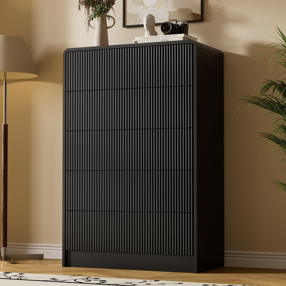 Furniway Black 5 Drawer Dresser for Bedroom, Curved Tall Dresser with Push-to-Open Design, Chest of Drawers for Bedroom, Living Room, Hallway, 15.7”D x 32”W x 47.2”H