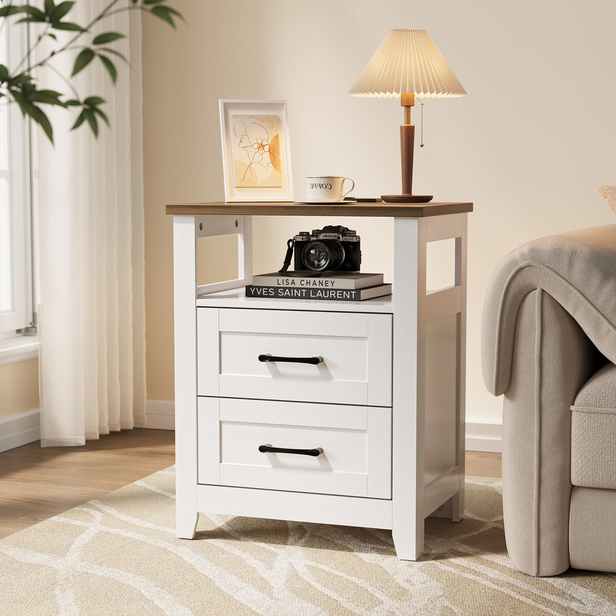 Decofy Farmhouse 2-Drawer Nightstand Set of 2 with Charging Station, White