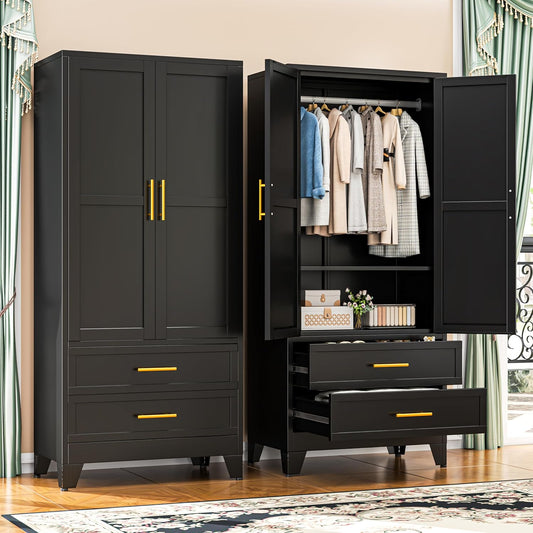 GAIOUS 71" Metal Wardrobe Cabinet with 2 Drawers and Hanging Rod Black
