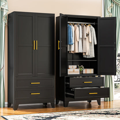 GAIOUS 71" Metal Wardrobe Cabinet with 2 Drawers and Hanging Rod Black