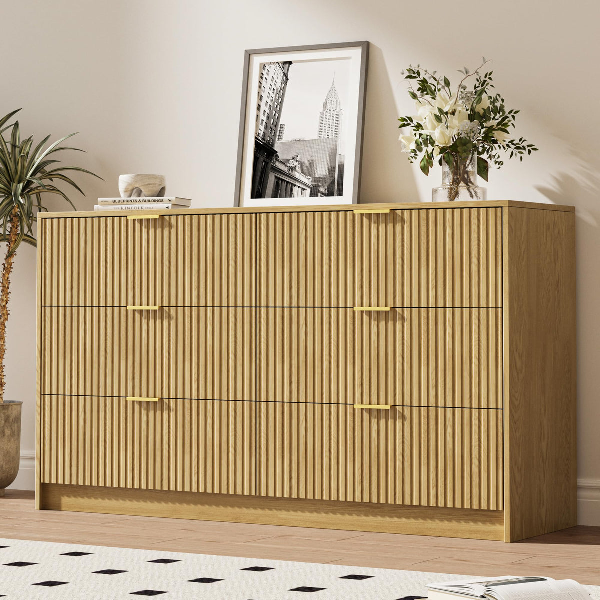 MAISONARIA 55" Wide Fluted 6-Drawer Double Dresser for Bedroom, Black