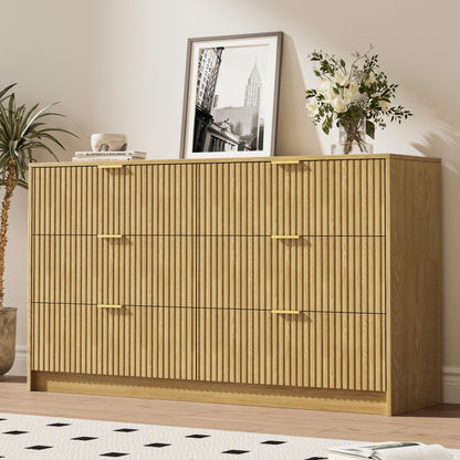 MAISONARIA 55" Wide Fluted 6-Drawer Double Dresser for Bedroom, Black