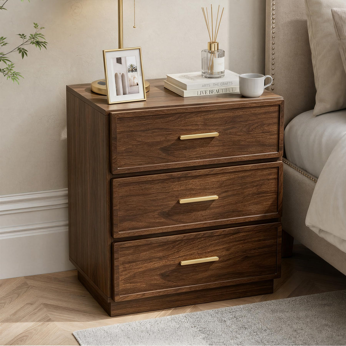 Nightstand Set of 2 Tall Bedside Table with 3 Drawers, Walnut