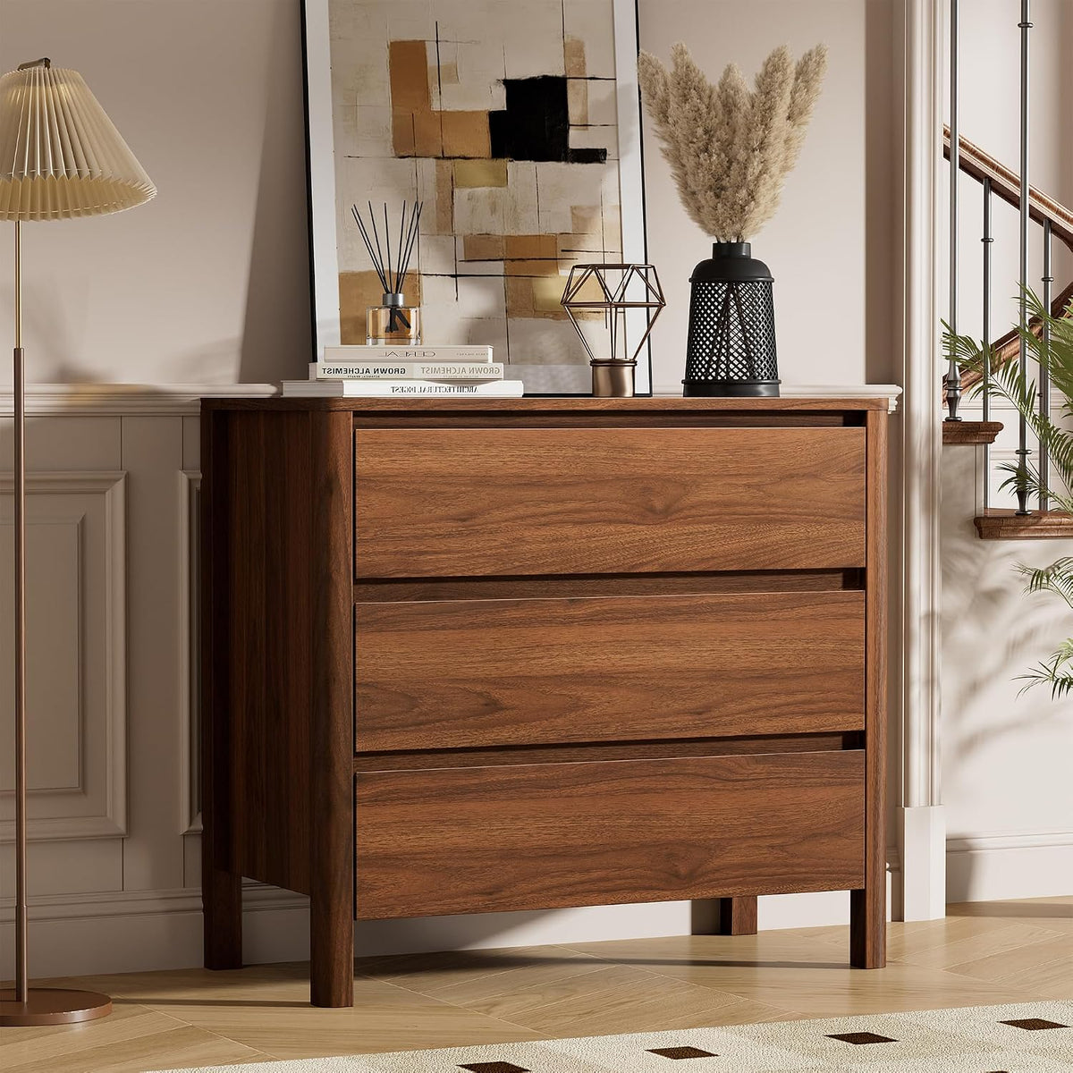 Furniway 31.5" Wide 3 Drawer Wood Dresser for Bedroom with Legs, Walnut