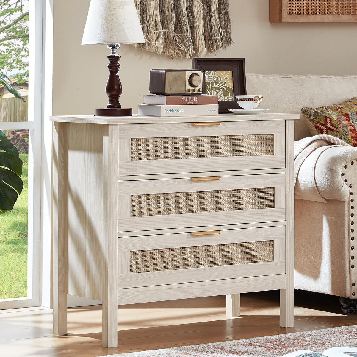 LEYAOYAO 26.8" Wide Rattan Nightstand, Large Boho 3 Drawer Night Stand