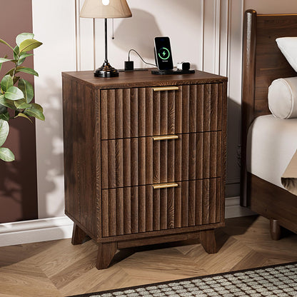 VINGLI Black Nightstands Set of 2 with Fabric Drawers, Fluted Nightstands with Charging Station, Night Stand Set of 2, Small Bedside Table, Bed Side Table/Night Stand with Charging Station for Bedroom
