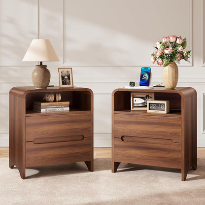 Decofy Nightstand Set of 2 with Charging Station & 2 Hidden Drawers, Walnut