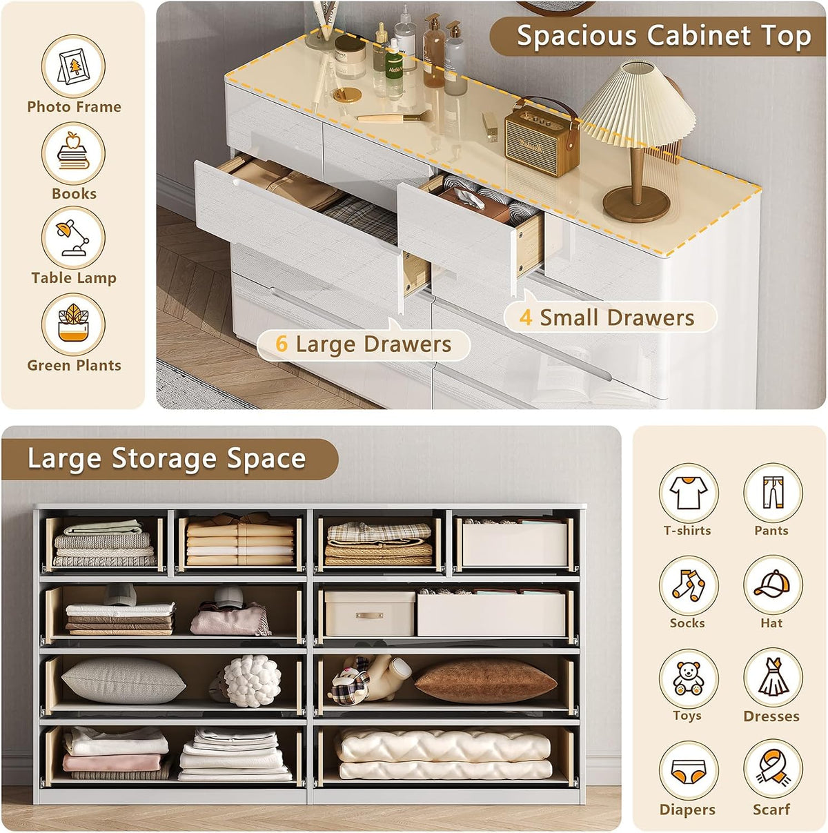 10 Drawer Dresser for Bedroom, 55" Long High Gloss Dresser, White