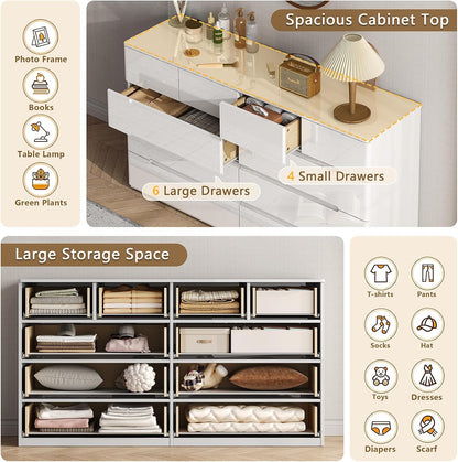 10 Drawer Dresser for Bedroom, 55" Long High Gloss Dresser, White