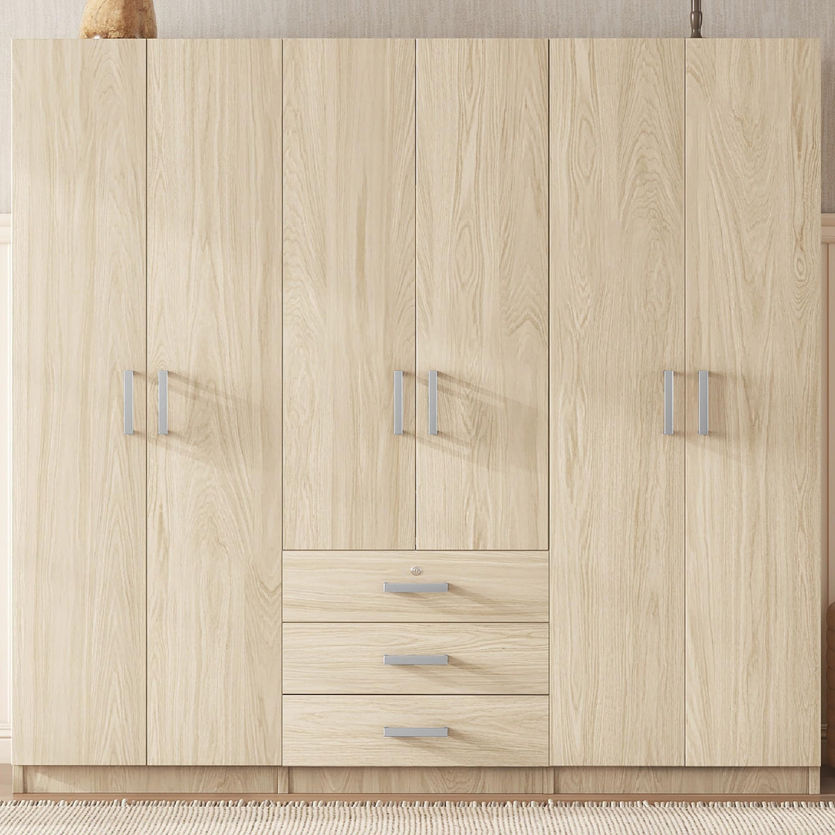 Merax Large White 6 Doors Wooden Wardrobe, Bedroom Tall Armoire Closet Organizer with Big Drawers, Hanging Rails and Shelves, Clothes Storage Cabinet for Garage & Laundry Room, White