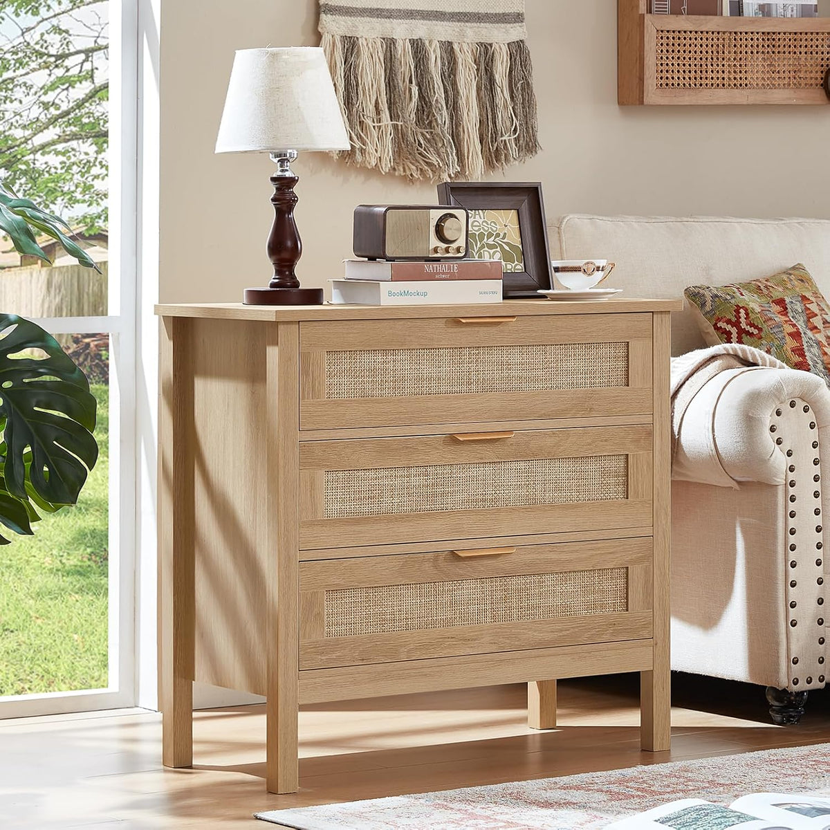 LEYAOYAO 26.8" Wide Rattan Nightstand, Large Boho 3 Drawer Night Stand
