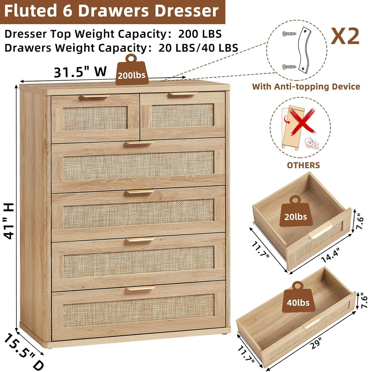 LEYAOYAO Rattan Dresser for Bedroom, 41" Tall Chest of Drawers