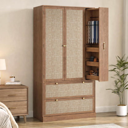 Rattan Wooden Armoire Wardrobe Closet with Pull-Out Side Storage