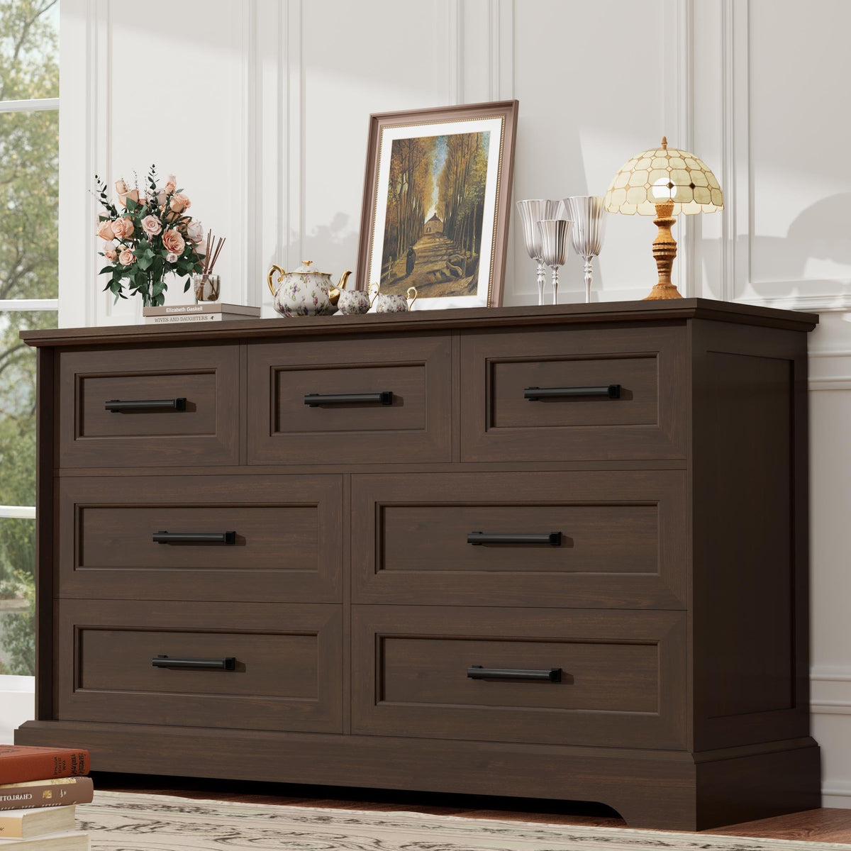 YESHOMY Dresser for Bedroom, Farmhouse 7 Drawers Dressers, White and Brown
