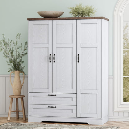 XIAO WEI Armoire Wardrobe Closet with 3 Door, Bedroom Wooden Armoires with Full Length Mirror, Large Clothing Storage Cabinet 2 Drawers, Hanging Rod, Shelves (White, 3 Door)
