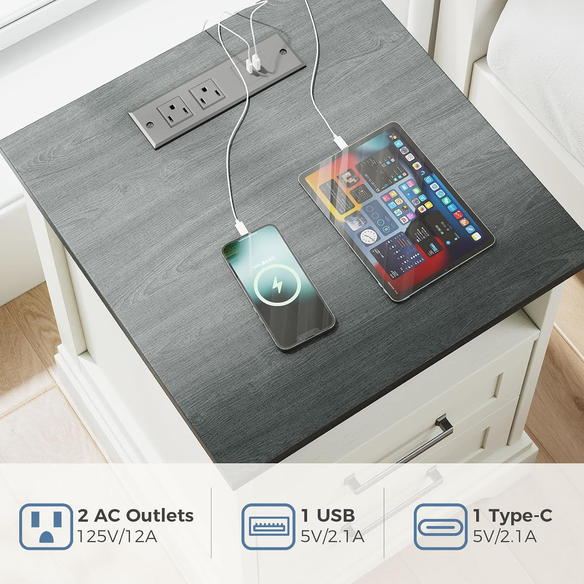 DUMOS Farmhouse Nightstand with Charging Station & USB Ports