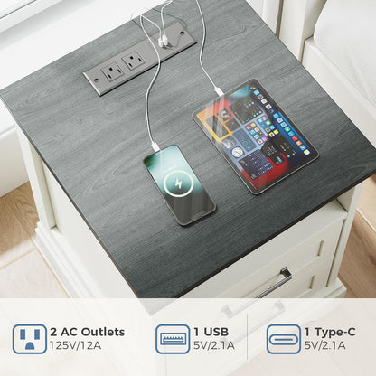 DUMOS Farmhouse Nightstand with Charging Station & USB Ports