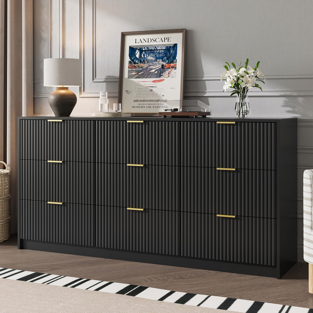 MAISONARIA 55" Wide Fluted 6-Drawer Double Dresser for Bedroom, Black
