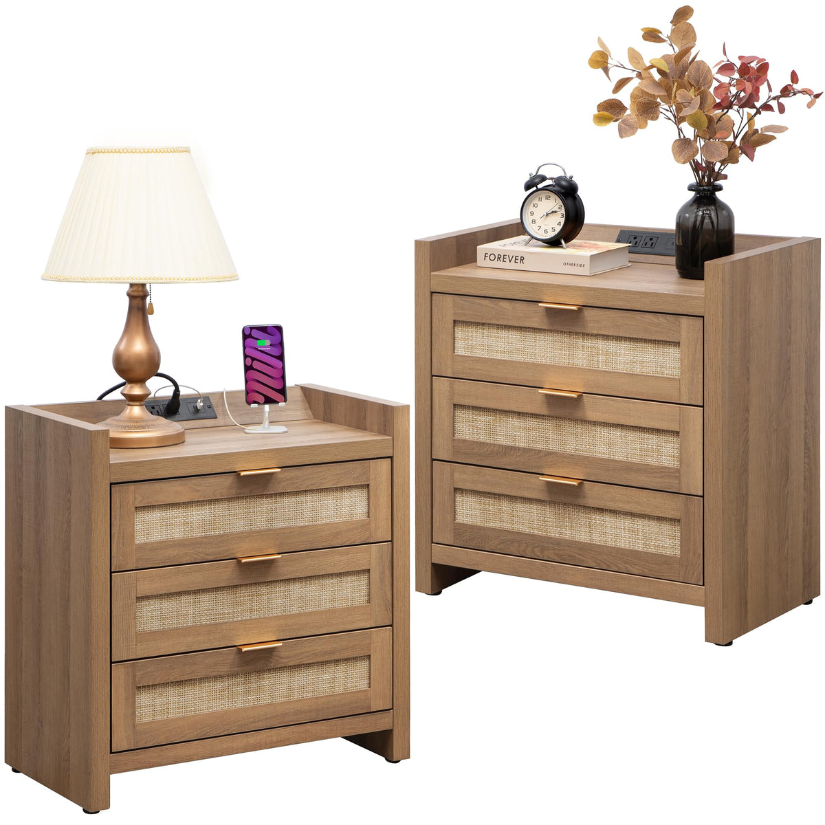 SICOTAS Rattan Nightstands Set of 2, Tall Bedside Table with 3 Drawers